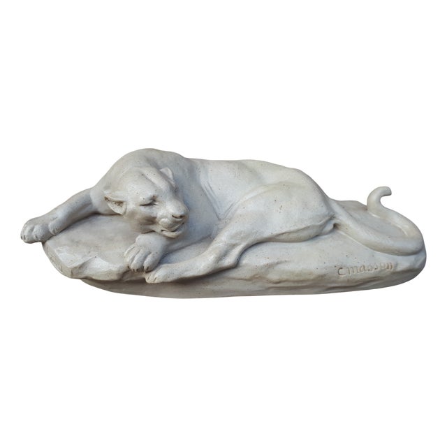 Sculpture of Lying Lioness in Enamel & Stoneware by Clovis-Edmond Masson, 1890s For Sale