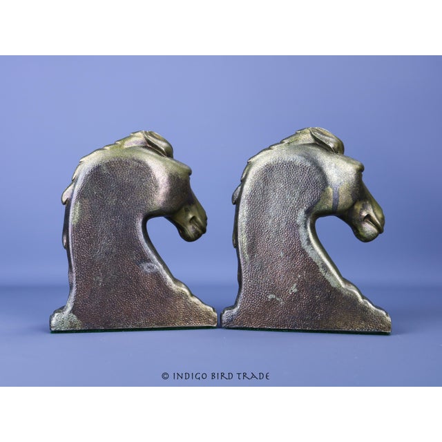 Metal 1930s Antique Pair of Art Nouveau Metal Horse Head Bookends For Sale - Image 7 of 11
