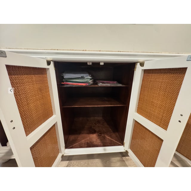 White Mid Century Modern Marble and Wicker Credenza For Sale - Image 8 of 10