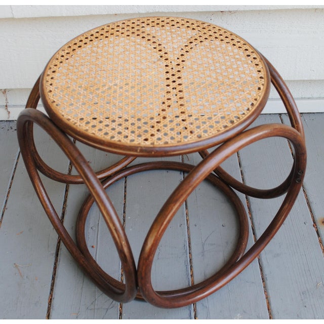 Mid-Century Modern 1960s Bentwood and Wicker Round Stool Ottoman For Sale - Image 3 of 5