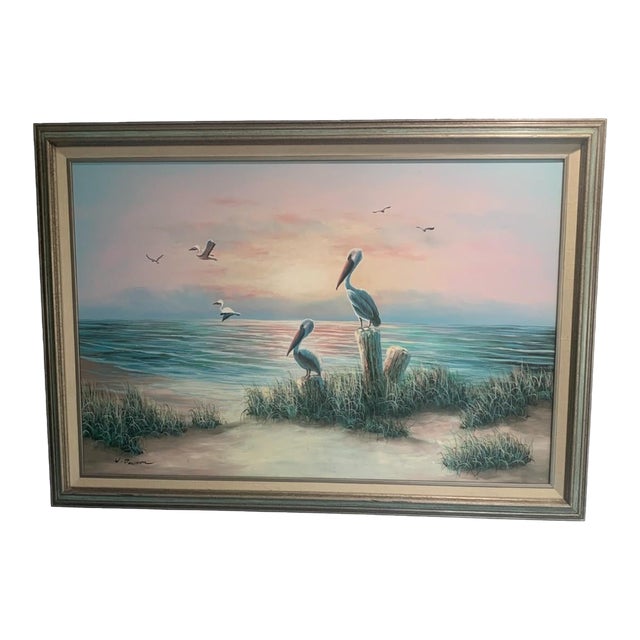 1960s W. Dawson Impressionist Florida Seascape With Pelican Oil on Canvas Painting For Sale