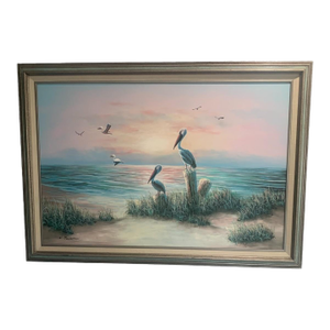 1960s W. Dawson Impressionist Florida Seascape With Pelican Oil on Canvas Painting