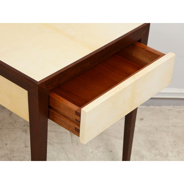 Mid-Century Modern Bespoke Mahogany Parchment Top End Table With Central Drawer For Sale - Image 3 of 7