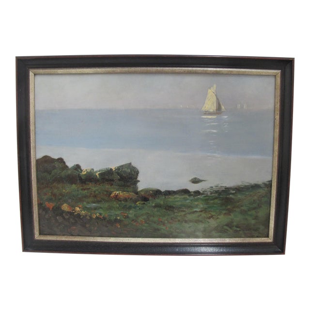 Albert Bierstadt Antique Sailboat Beach Coastal Nautical Framed Oil Painting For Sale