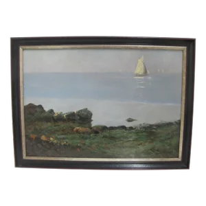 Albert Bierstadt Antique Sailboat Beach Coastal Nautical Framed Oil Painting