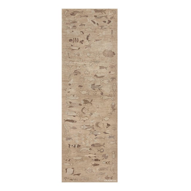 Nazmiyal Collection Neutral Color Artistic Fish Design Modern Runner Rug For Sale
