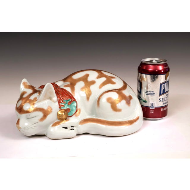 White Vintage Japanese Kutani Porcelain Sleeping Cat Figure Circa 1930 Large 10" For Sale - Image 8 of 9