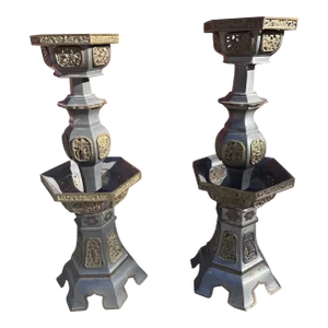 Vintage Pewter and Gilt Chinese Temple Candlesticks - Pair