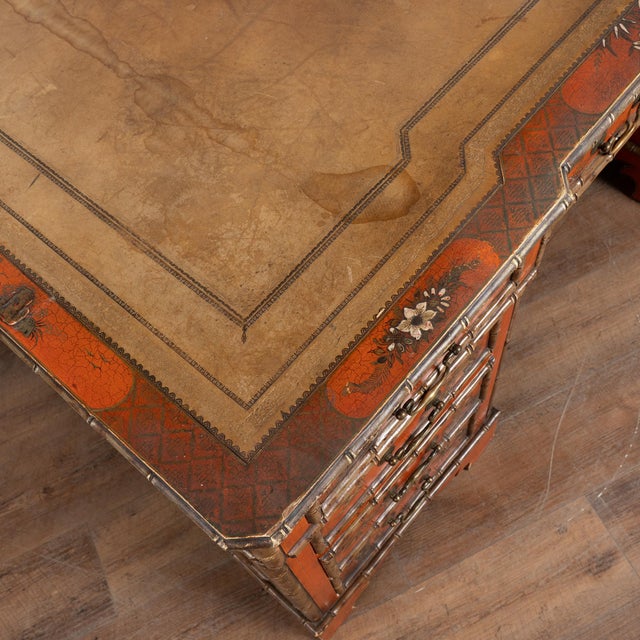 19th Century Victorian Red Chinoiserie Faux Bamboo English Partners Desk For Sale - Image 6 of 14