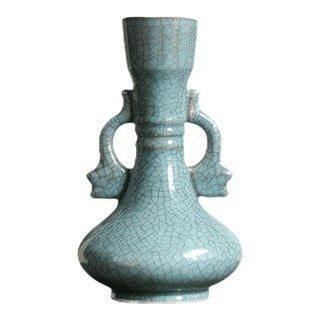 Chinese Ceramic Vase,Guan Ware Crackle Glaze Celadon Glaze Porcelain Double Ears Vase For Sale