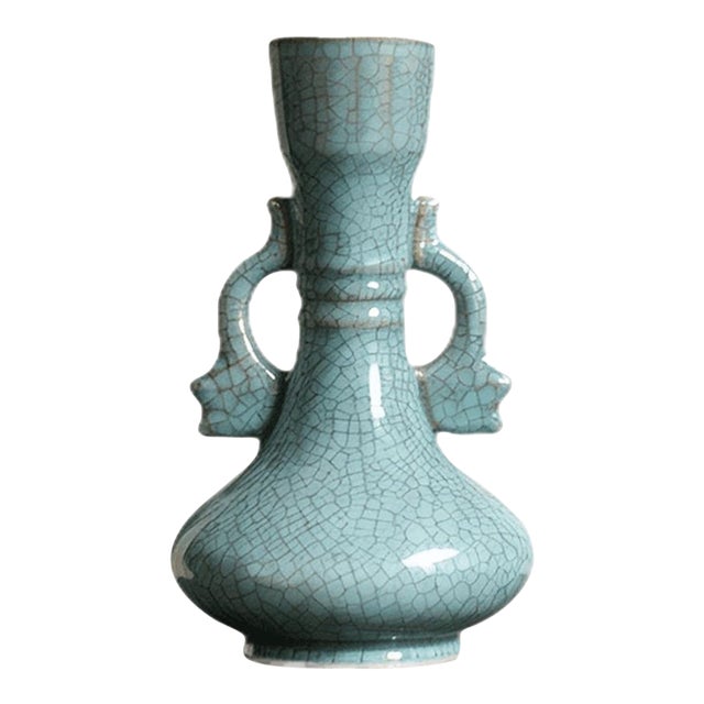 Chinese Ceramic Vase,Guan Ware Crackle Glaze Celadon Glaze Porcelain Double Ears Vase For Sale