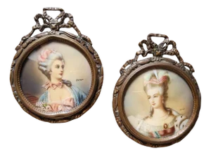 Antique French Louis XVI Style Miniature Portraits on Porcelain with Bronze Frames, Set of 2