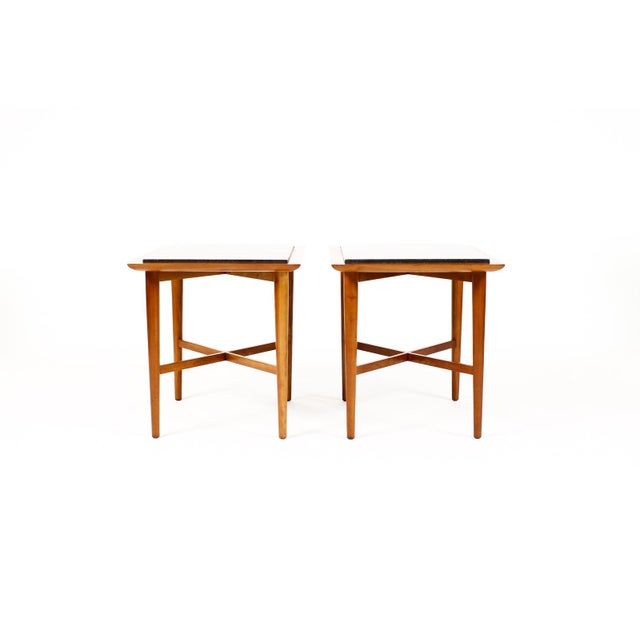 1960s Mid Century Vintage Side / End Tables — Designed attributed to Milo Baughman - Manufactured by Fine Art Furniture Co— Cherry Frame + Slate — Pair For Sale - Image 5 of 10
