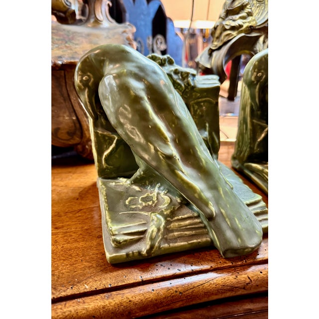 Rookwood Pottery Pair Signed Matte Green Rookwood Crow Bookends, C. 1920s For Sale - Image 4 of 9