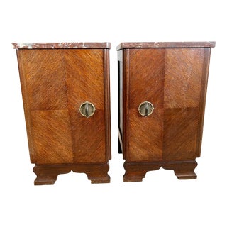 Mid-Century Modern Art Deco Marble Walnut Nightstands or Storage End Tables With Hidden Drawers - a Pair For Sale