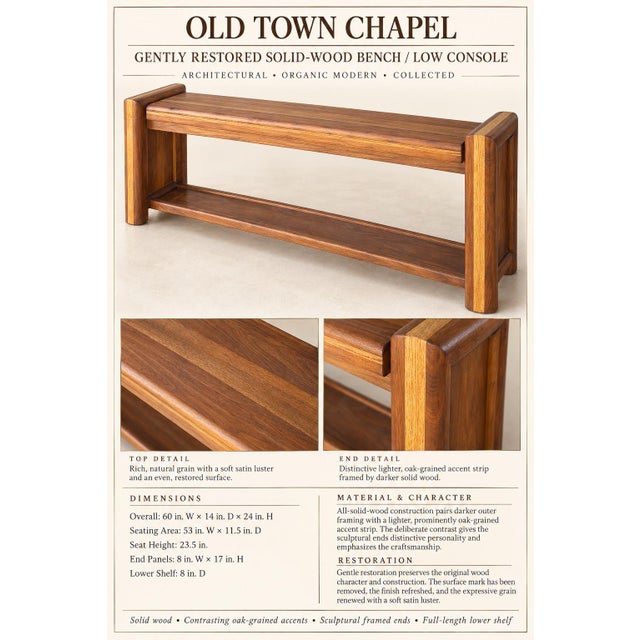 Vintage Mid-Century Solid Wood Two-Tone Bench or Low Console, 60” For Sale - Image 4 of 7