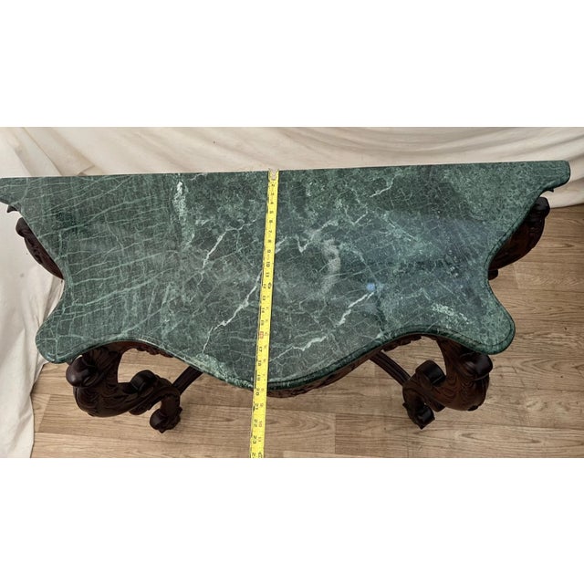 Vintage Victorian Rococo Revival Console Table Carved Mahogany, Green Marble Top For Sale - Image 11 of 13
