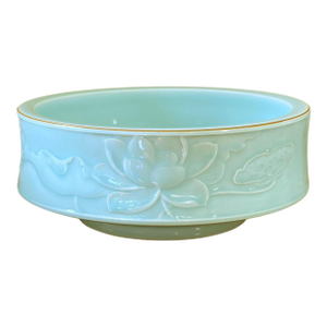 Chinoiserie Hand Carved Celadon Bowl With Lotus Flower 10.25" D
