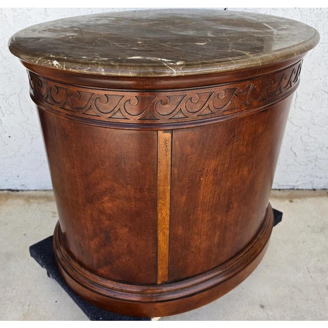 Wood Henredon Style Mahogany & Marble Drum Center Side Bedside Table For Sale - Image 7 of 13