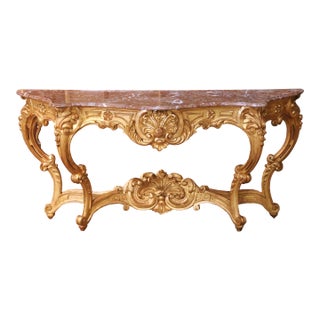 19th Century French Louis XV Carved Giltwood Console Table With Marble Top For Sale