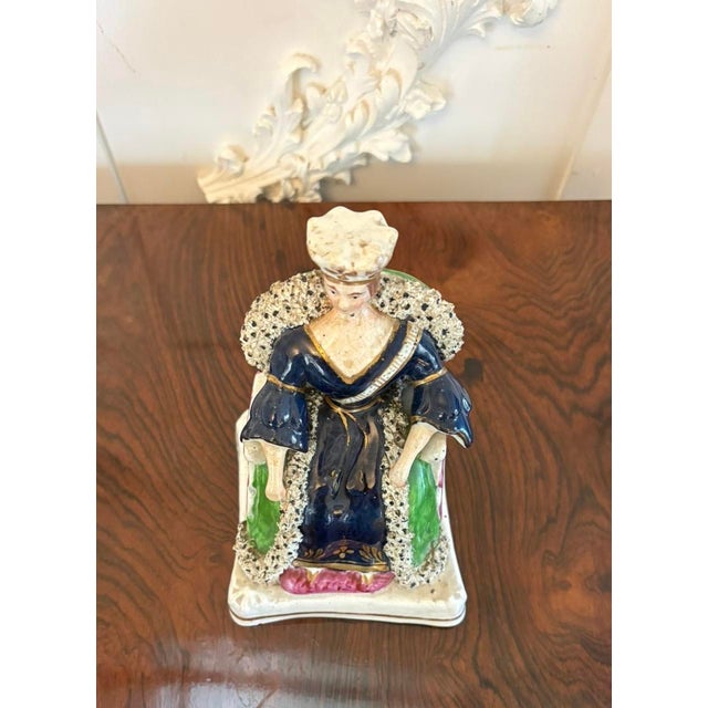 Ceramic Antique Staffordshire Ceramic Flatback Seated Queen Victoria Figure in Cobalt Blue, 1850 For Sale - Image 7 of 10