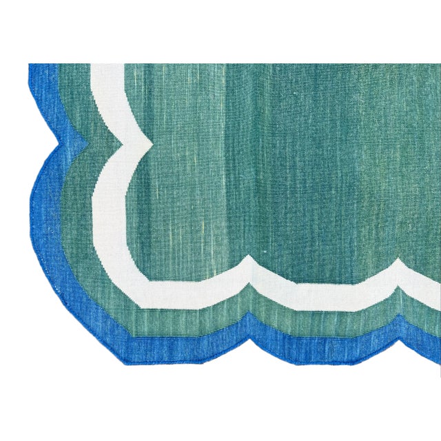 Handmade Cotton Area Scalloped Rug Forest Green, Cream and Royal Blue Border Dhurrie - 12'x15' For Sale - Image 10 of 11