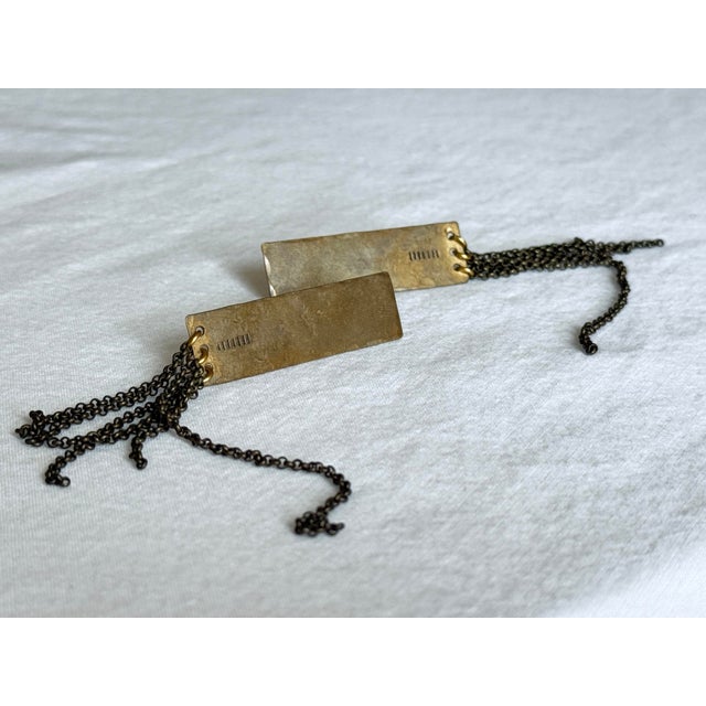 Contemporary Vintage 1990s Brutalist Brass Gunmetal Chain Fringe Dangle Earrings, Pair For Sale - Image 3 of 11