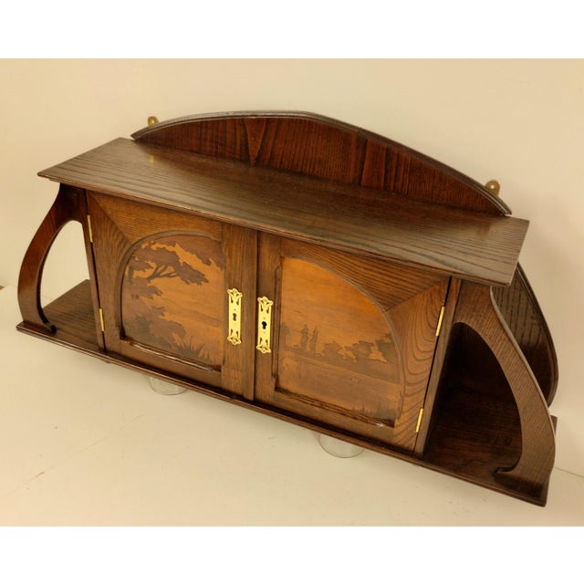 Wood Art Nouveau French Oak Wall Cabinet with Painted Landscape, 1900s For Sale - Image 7 of 14