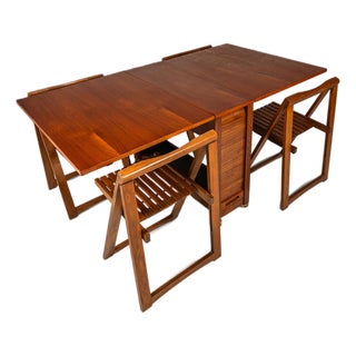 Restored Mid-Century Modern Space Saver Minimalist Hide Away Dropleaf Table W/ 4 Hidden Folding Chairs, Romania, C. 1960's For Sale