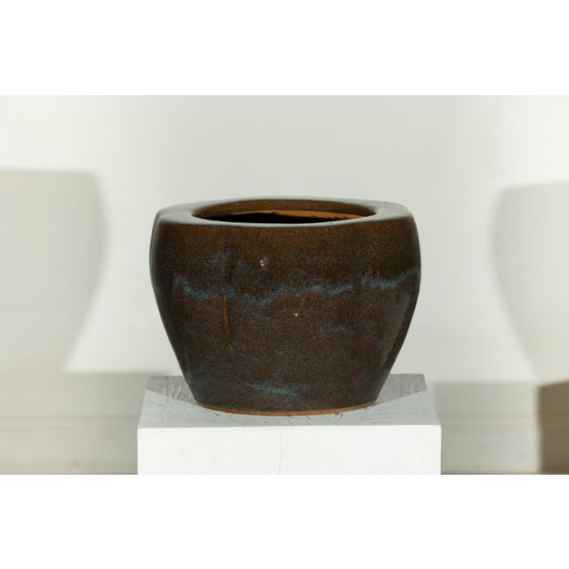 Vintage Chinese Brown and Blue Glazed Handcrafted Ceramic Planter For Sale - Image 4 of 17