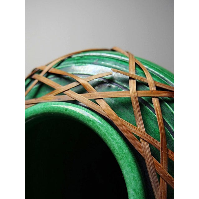 Wood Japanese Green Ceramic Vase with Awaji Yaki Bamboo Lacing, 1920s For Sale - Image 7 of 10