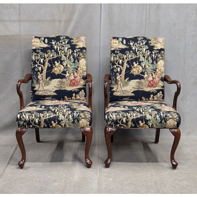 Queen Anne Pair of Vintage Queen Anne Chairs and Ottoman With Black Toile Upholstery For Sale - Image 3 of 17