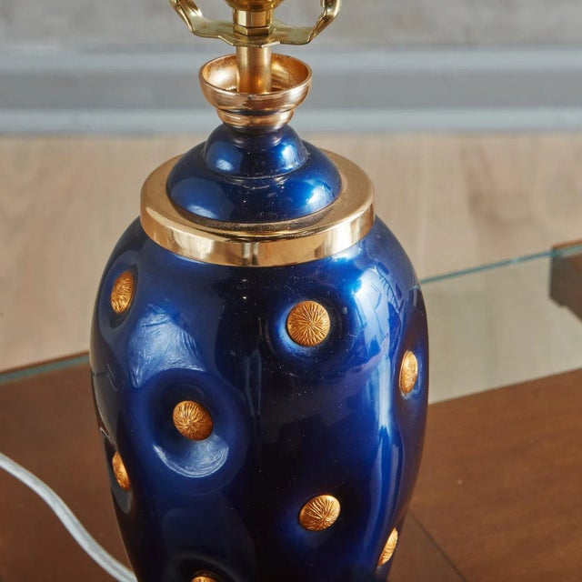 Blue + Gold Glazed Porcelain Lamp, Italy 1980s For Sale - Image 4 of 9