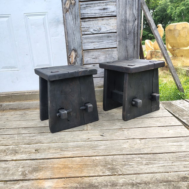 A set of two reclaimed barnwood 16" tables, hand finished using the ancient Japanese "Yakisugi" technique — charred with...