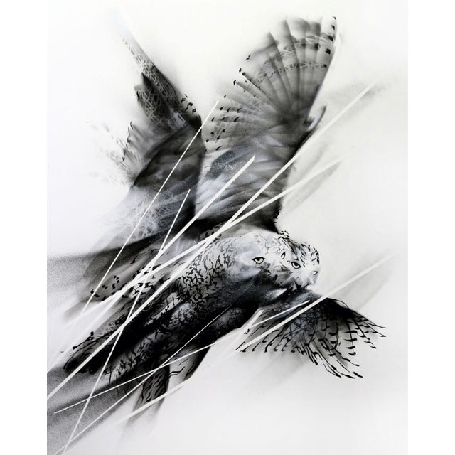 This artwork depicts a dynamic representation of a bird in flight, captured in a striking interplay of black and white...