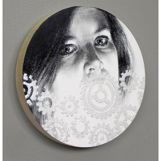 Silence Of The Lambs XI by Daggi Wallace | Charcoal, Gesso and Pastel on Cradled Wood Panel Portrait of a girl with gears. For Sale