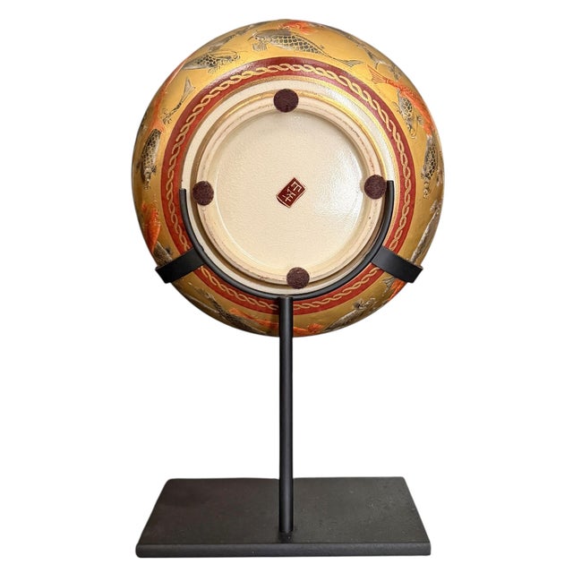 19th Century 19th Century Japanese Satsuma Lotus Koi Bowl on Custom Steel Mount For Sale - Image 5 of 13
