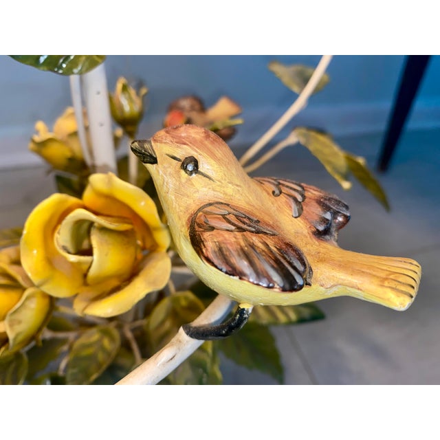 Metal Vintage Tole Table Lamp With Yellow Roses and Birds For Sale - Image 7 of 8