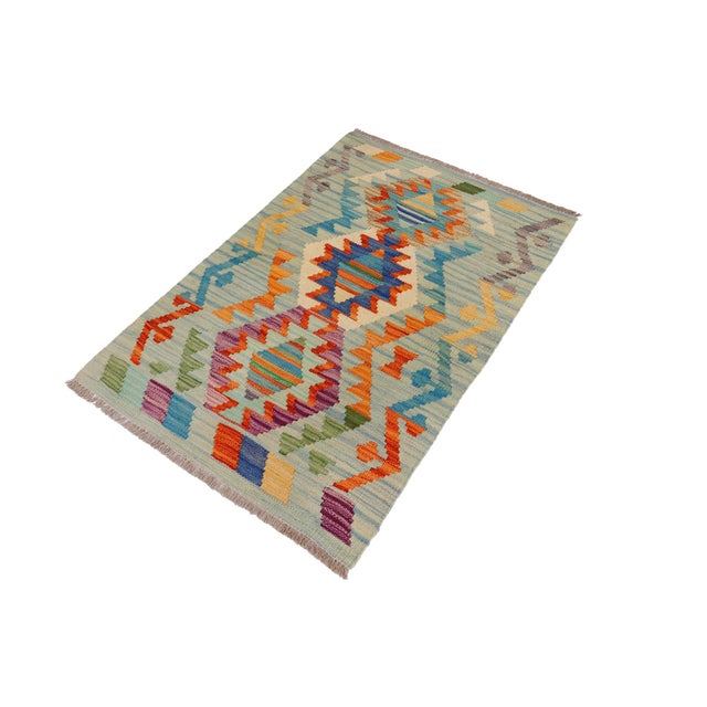 Shabby Chic Southwestern Kilim Blue Beige Hand-Woven Wool Rug 2'0'' X 3'1'' For Sale - Image 3 of 9