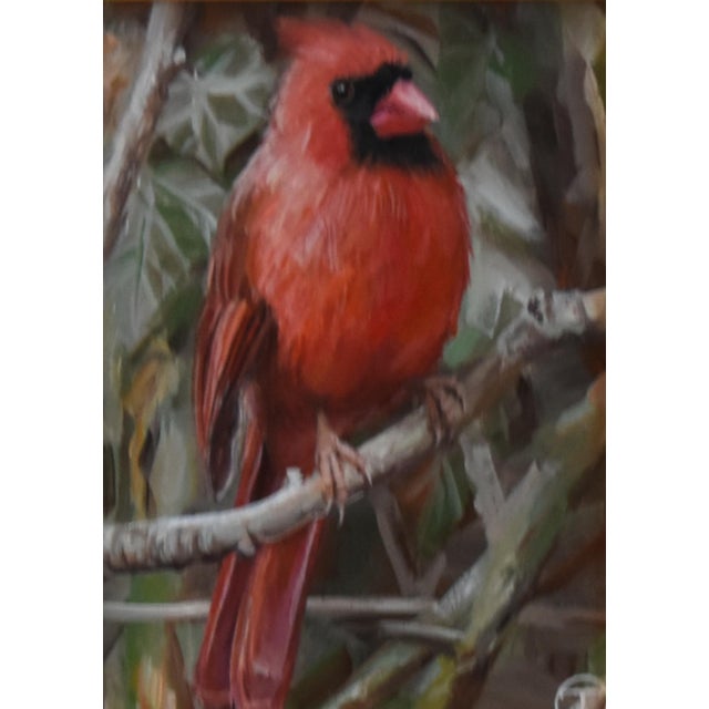 Realism Red Cardinal Bird Portrait Painting Including the Antiqued Gold Wood Frame For Sale - Image 3 of 5
