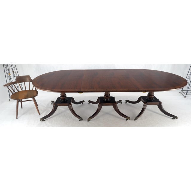 Banded Mahogany Tripple Pedestal Base 3 Ext. Section 157" Long Dining Table MINT For Sale - Image 11 of 12
