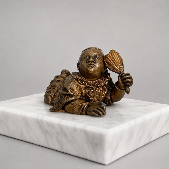19th Century Japanese Meiji Bronze Reclining Karako Boy Okimono With Articulated Fan For Sale - Image 12 of 12