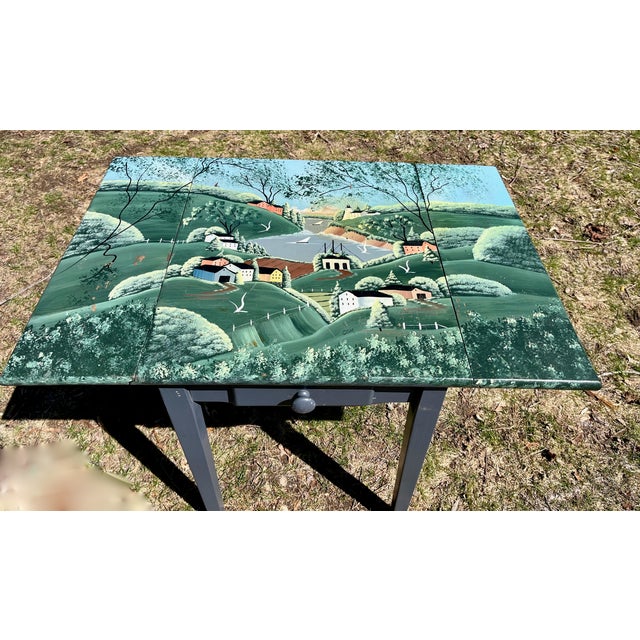 Folk Art Hand Painted Side Table Signed CCM Oil Painted Landscape of Mountain Village & Seascape For Sale - Image 3 of 9