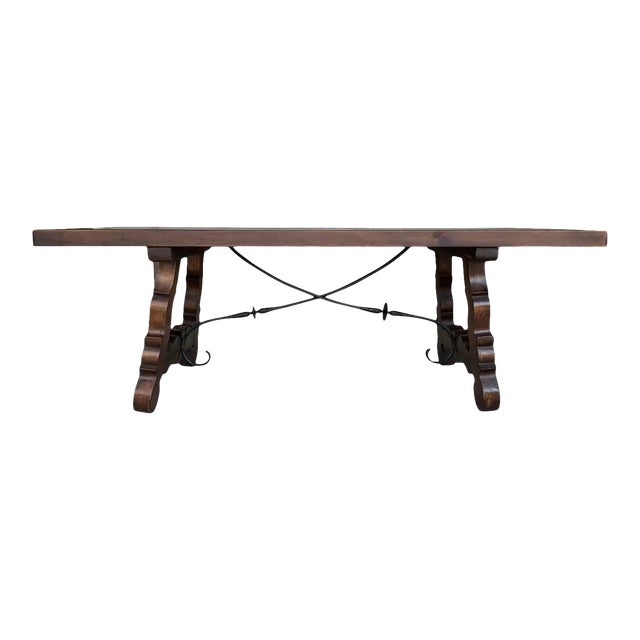 20th Century Spanish Baroque Style Walnut Lyre Legs Trestle Dining Table For Sale