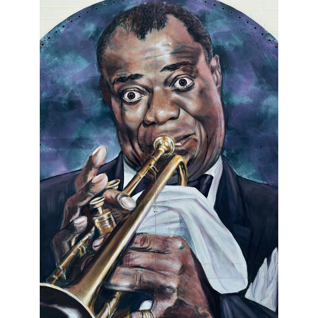 10' Foot Tall Oil on Canvas Portrait of Louis Armstrong Folding Screen 1980, Signed Kenmarek For Sale - Image 4 of 4