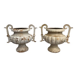 Pair of Antique French Cast Iron Garden Planters Urns With Handles For Sale