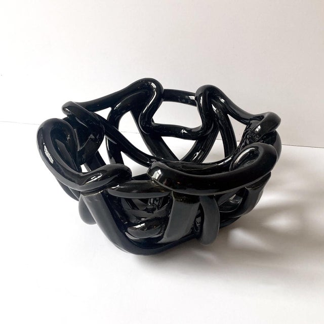 1980s 1980s Postmodern Black Ceramic Braided Woven Abstract Centerpiece Bowl For Sale - Image 5 of 7