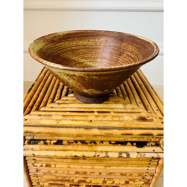 Vintage 1970’s Signed Brown Terracotta Bowl in Bronze & Pale Green Shades For Sale - Image 4 of 17
