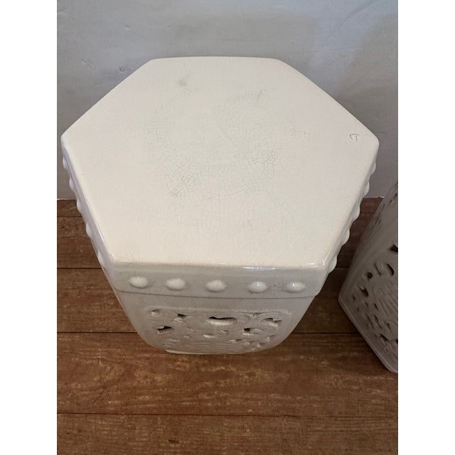 Pair of 6 sided Blanc de Chine garden seats/end tables that work in any room, very versatile.