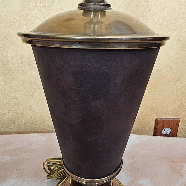 Brass Vintage Brass & Faux Leather Table Lamp With Off‑White Silk Shade — 26.5" For Sale - Image 8 of 18